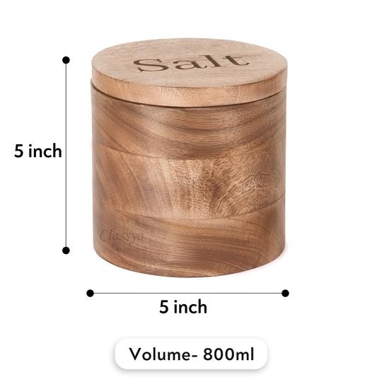 Classyo Wooden Salt Containers for Kitchen, Salt Jar for Kitchen with Wooden Spoon, Salt Storage Containers for Kitchen with Airtight Lid- Salt Box (5 Inch), 800ml