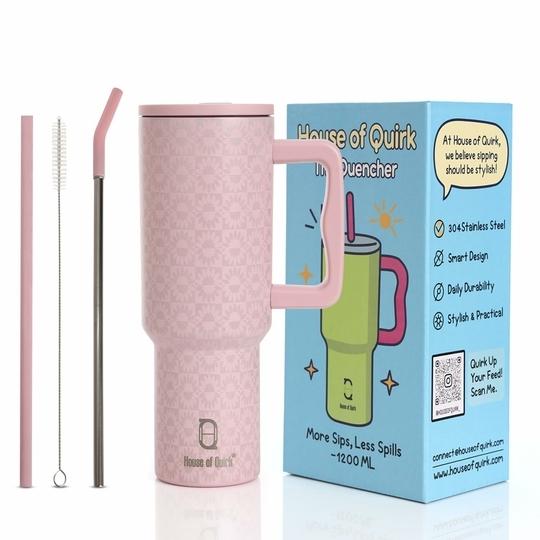 Narayan 1200ML Stainless Steel Tumbler with Handle & Lid, 2 Straws  Large Travel Mug Water Cup for Gym, Office & Outdoor Use (Peach Sun)