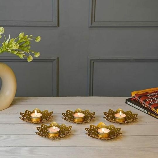 FLAWLESS KARIGARI Tealight Candle Holder Set of 8 | Golden Metal Lotus for Diwali Decoration, Home Decor, Table Centerpiece, Gift Items