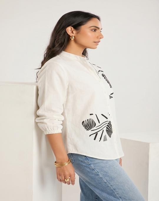 DESIGNALLY Women White Zebra Print Shirt
