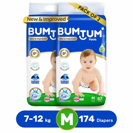Bumtum  Diaper Pants Medium (M) Size  - 174 Diapers |Pack of 2 |Super Soft with Leakage Protection