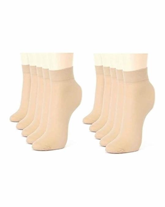 Buyra Ultra-Thin Semi Transparent Nylon Ankle Length Socks (Beige Color, Free Sze) - Set of 10 Pair