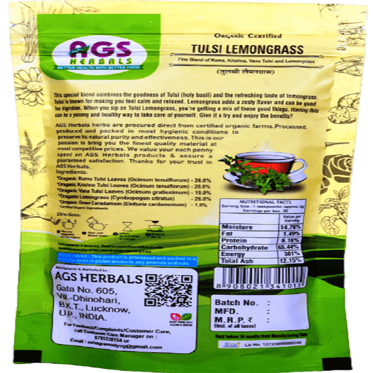 AGS Herbal Pure Herbal & Organic Certified Tulsi Lemon Grass Tea-100gm