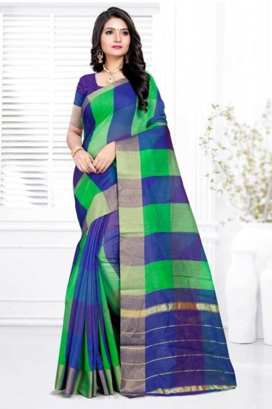 Ruhabs Women Blue Woven Cotton Blend Saree