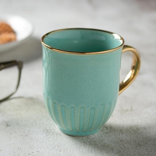 Clay Craft Fine Ceramic Gold Line Milk Mug - 340 Ml (Green, 1 Piece)