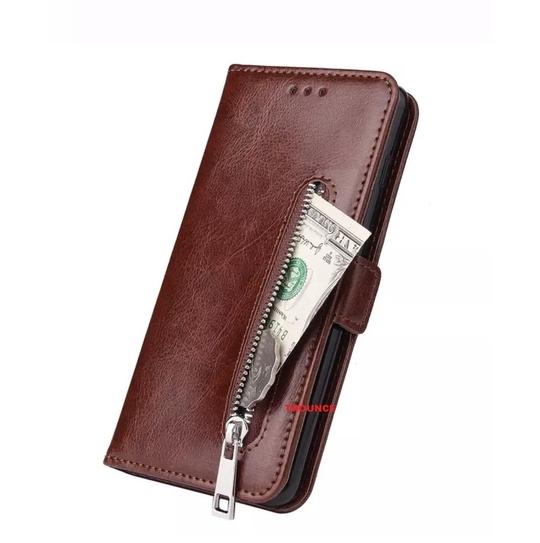 Trounce Zipper Series Faux Leather Brown Wallet Flip Case Mobile Cover    For  LG Q Stylus