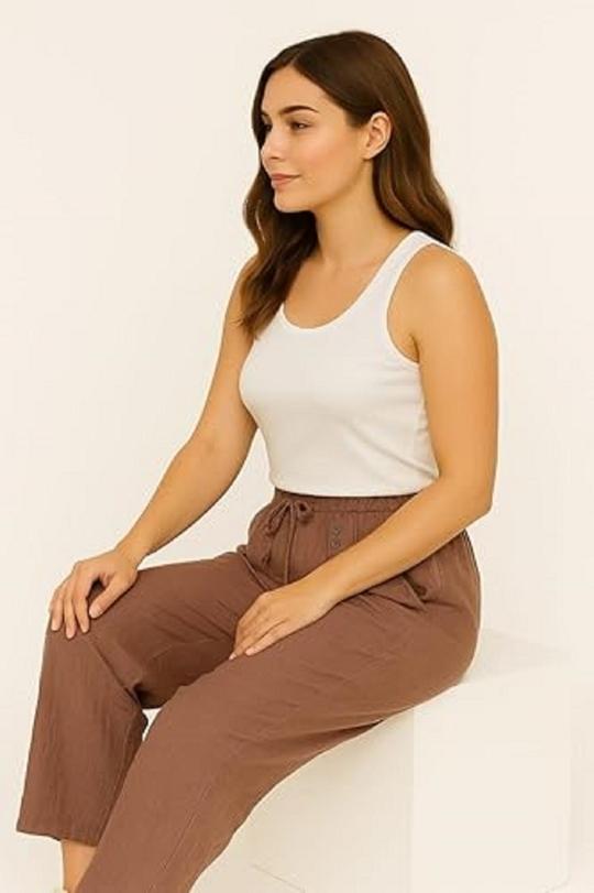 ROYAL -20 Women's Wide Leg Pants, Elastic Waist with Drawstring, Linen Blend, Casual Loose Fit