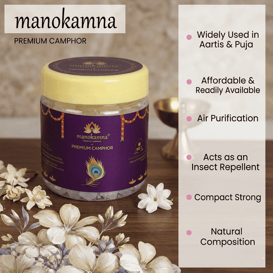 Manokamna Premium Camphor/Kapoor Tablet | Long Lasting Aroma for Puja & Purification | Pure Camphor/Kapoor Tablets 100% Natural Aromatic & Multipurpose Use | for Rituals, Devotion & Air Cleansing (50gm - Pack of 1)
