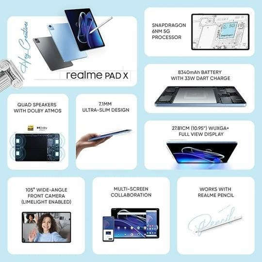 realme Pad X WiFi Tablet | 4GB RAM 64GB ROM (Expandable), 27.9cm (11 inch) WUXGA+ Display | 6nm SD Processor | Dolby Atmos Quad Speakers | 8340 mAh Battery | Blue Colour
