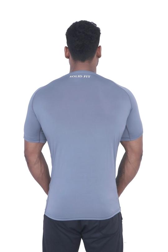 SOLID FIT Nylon Lycra Half Sleeves Round Neck Slim Fit Tshirt for Men (Grey-XL)