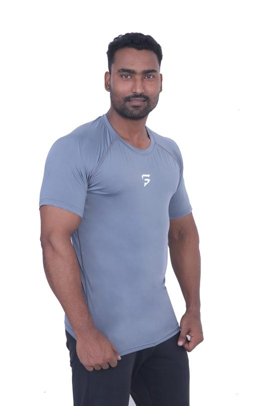 SOLID FIT Nylon Lycra Half Sleeves Round Neck Slim Fit Tshirt for Men (Grey-XL)
