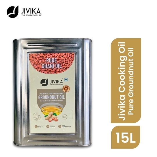Jivika Groundnut Oil 15 Ltr Tin | 100% Pure Peanut Oil | 15L | 100% Chemical Free & Cholesterol Free | Pure Groundnut Oil | Sing Tel 15 Ltr| Healthy Unrefined Oil | Double Filtered Oil | 15L Family Pack | Tin