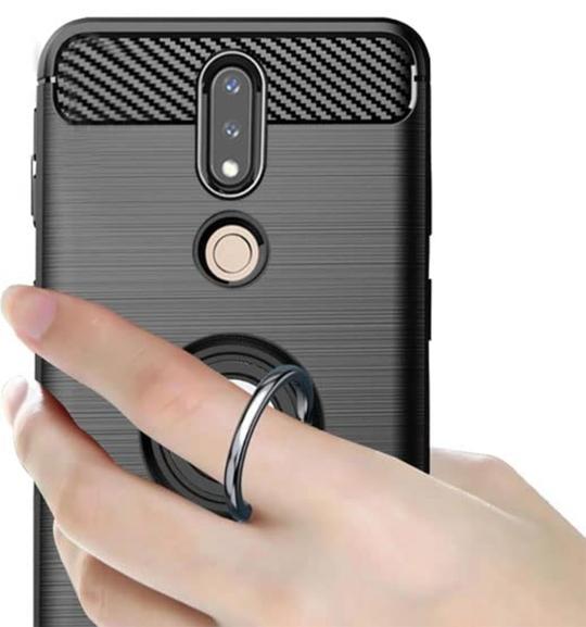Unistuff Back Case Cover for Nokia 7.1 with Magnetic Kickstand | Premium Matte Finish | Camera Bump Protection | Rubberized Ring Cover - Night Black, 76114