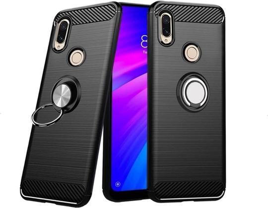 Unistuff Back Case Cover for Mi Redmi Y3, Mi Redmi 7 with Magnetic Kickstand | Premium Matte Finish | Camera Bump Protection | Rubberized Ring Cover - Night Black, 76186