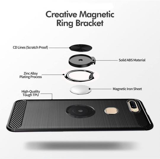 Unistuff Back Case Cover for Oppo F9 Pro with Magnetic Kickstand | Premium Matte Finish | Camera Bump Protection | Rubberized Ring Cover - Night Black, 76338