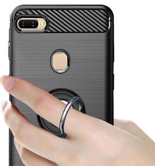 Unistuff Back Case Cover for Oppo F9 Pro with Magnetic Kickstand | Premium Matte Finish | Camera Bump Protection | Rubberized Ring Cover - Night Black, 76338