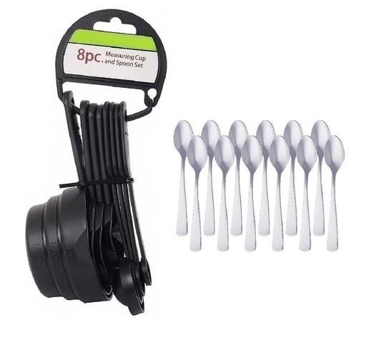 URBAN BUY Plastic 8 Pieces Measuring Cups and Spoon Set With Stainless Steel 12 Pcs Coffee Spoon Set and Multicolour, Pack of 2