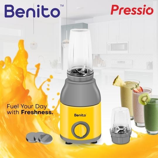 Benito PRESSIO Nutri Mixer 550 watt Mixer Grinder with 2 Jars | Durable Shockproof ABS Body | Powerful Motor with Advanced Grinding Technology | Elegant Yellow & Grey Finish come with 1-Year Warranty