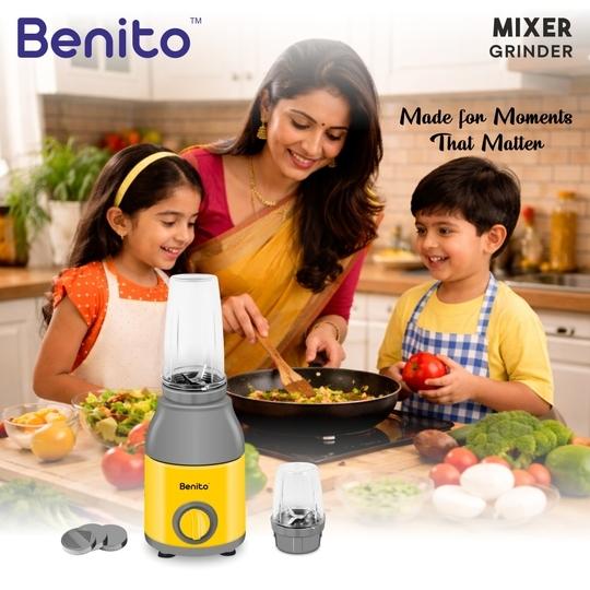 Benito PRESSIO Nutri Mixer 550 watt Mixer Grinder with 2 Jars | Durable Shockproof ABS Body | Powerful Motor with Advanced Grinding Technology | Elegant Yellow & Grey Finish come with 1-Year Warranty