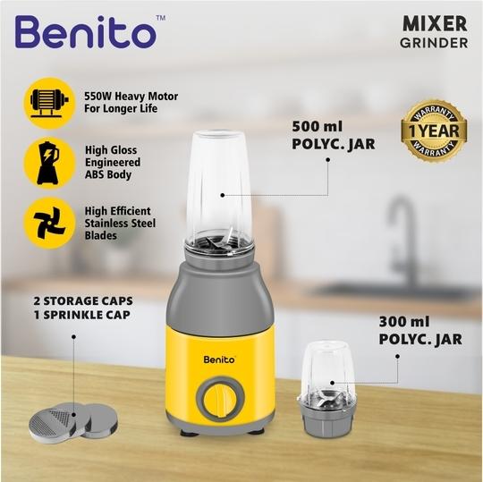 Benito PRESSIO Nutri Mixer 550 watt Mixer Grinder with 2 Jars | Durable Shockproof ABS Body | Powerful Motor with Advanced Grinding Technology | Elegant Yellow & Grey Finish come with 1-Year Warranty