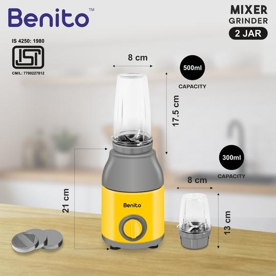 Benito PRESSIO Nutri Mixer 550 watt Mixer Grinder with 2 Jars | Durable Shockproof ABS Body | Powerful Motor with Advanced Grinding Technology | Elegant Yellow & Grey Finish come with 1-Year Warranty
