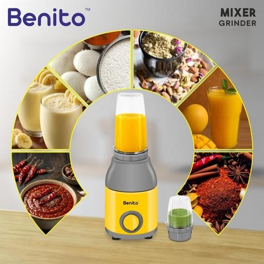 Benito PRESSIO Nutri Mixer 550 watt Mixer Grinder with 2 Jars | Durable Shockproof ABS Body | Powerful Motor with Advanced Grinding Technology | Elegant Yellow & Grey Finish come with 1-Year Warranty