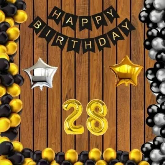 Acril Happy Birthday Black Letters with 30 Metallic Gold, Silver & Black Balloon-28 yr