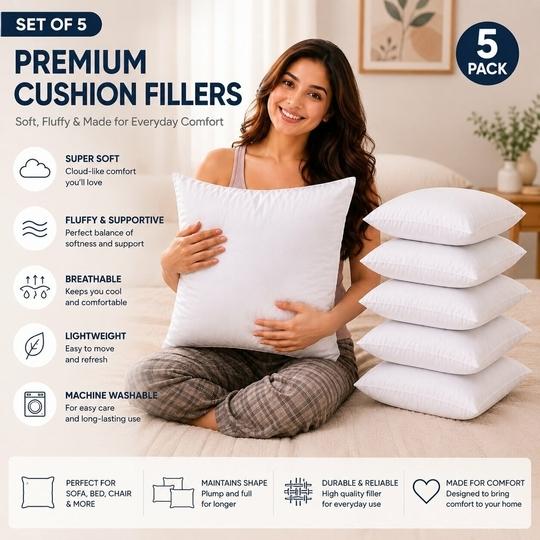 EMBROCO Cushion Set | Premium Soft Microfiber Cushion Filler Pack of 5 | Sofa Cushion, Cushion for Living Room, Cushions. Cushion