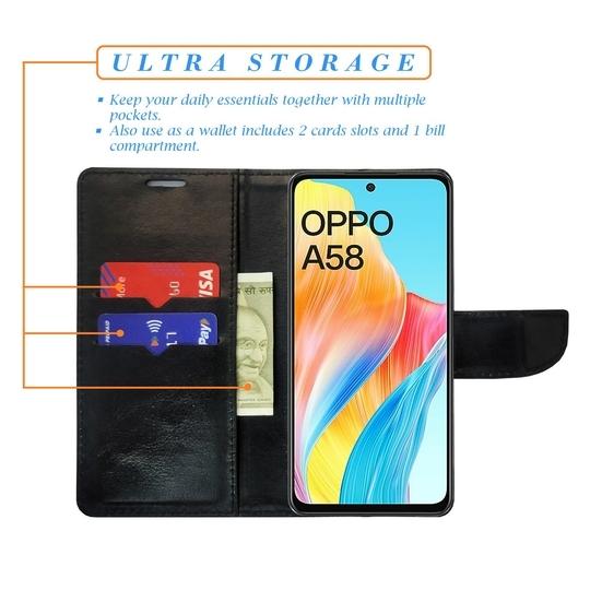 A D Enterprises Net Black Flip Cover for Oppo A58 4G | Magnetic Case | Shock Absorbent | Flip Cover Oppo A58 4G