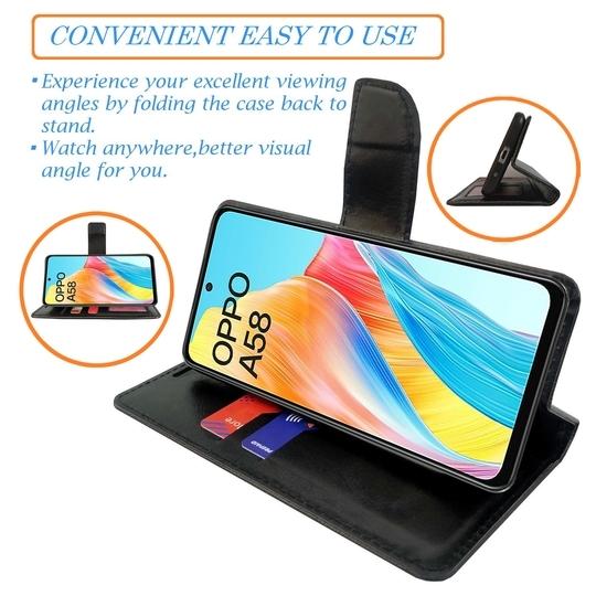 A D Enterprises Net Black Flip Cover for Oppo A58 4G | Magnetic Case | Shock Absorbent | Flip Cover Oppo A58 4G