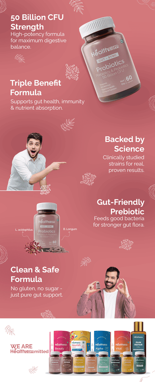 Healthcom Gut Sync (Probiotics) Capsules | 60 Capsules | Supports Gut Health, Digestion & Immunity