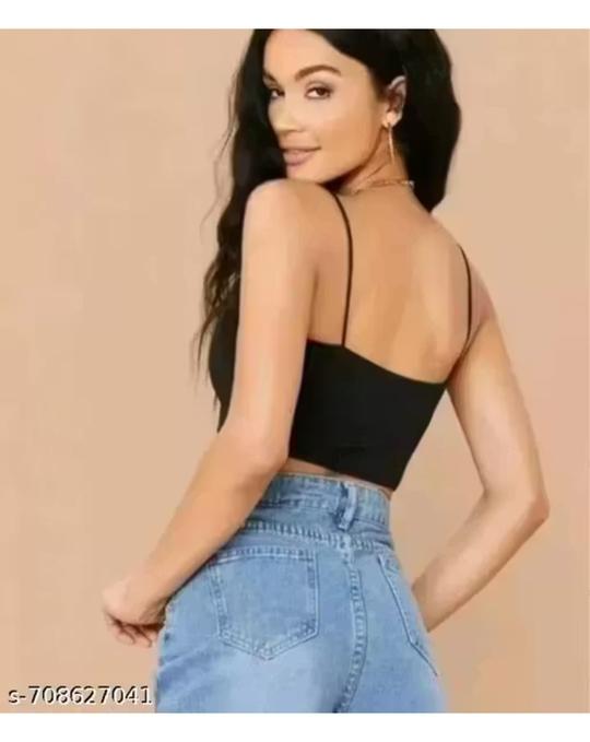 SOMATIC Fashionable Ribbed Cami Crop Top for Women | Trendy Designer Sleeveless Top | Slim Fit Casual Wear | Solid Pattern | Black | XL