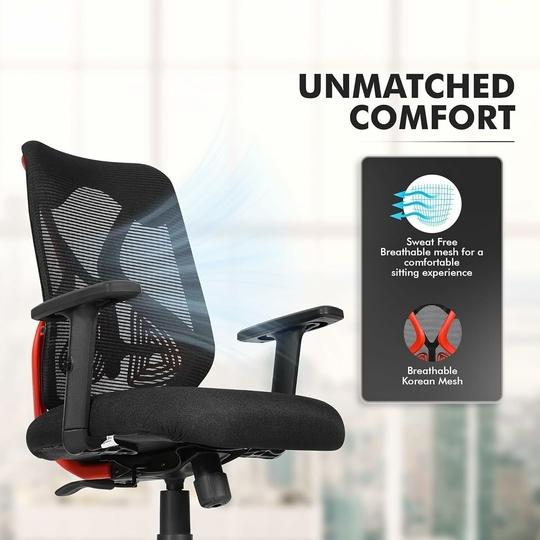 Da URBAN Merlion Office Chair, Mid Back Mesh Ergonomic Home Office Desk Chair with 3 Years Warranty, Adjustable Armrests,Tilt Lock Mechanism (Red)