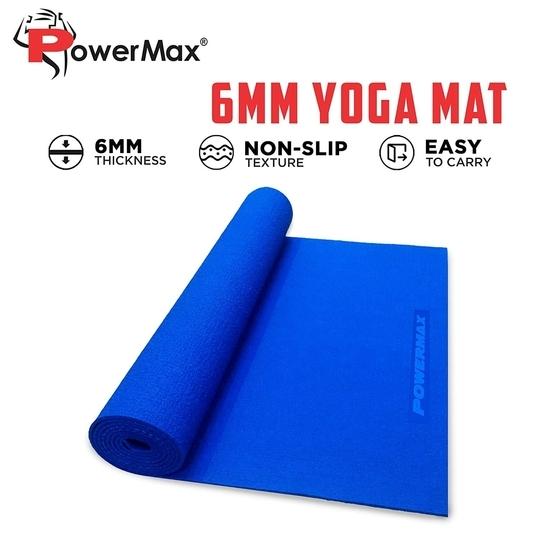 PowerMax Fitness YE6-1.1-BL 6mm Thick Premium Exercise Yoga Mat for Gym Workout [Ultra-Dense Cushioning, Tear Resistance & Water Proof] Eco-Friendly Non-Slip Yoga Mat for Gym and Any General Fitness
