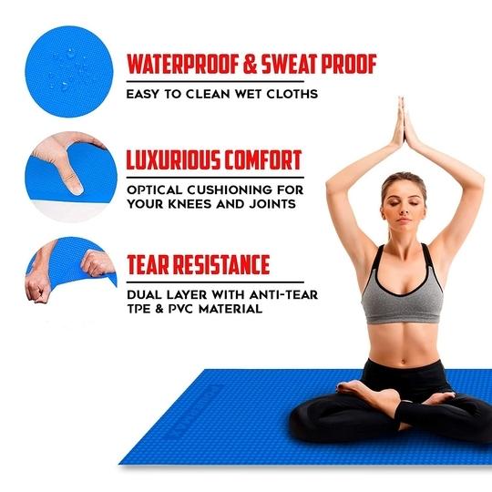 PowerMax Fitness YE6-1.1-BL 6mm Thick Premium Exercise Yoga Mat for Gym Workout [Ultra-Dense Cushioning, Tear Resistance & Water Proof] Eco-Friendly Non-Slip Yoga Mat for Gym and Any General Fitness