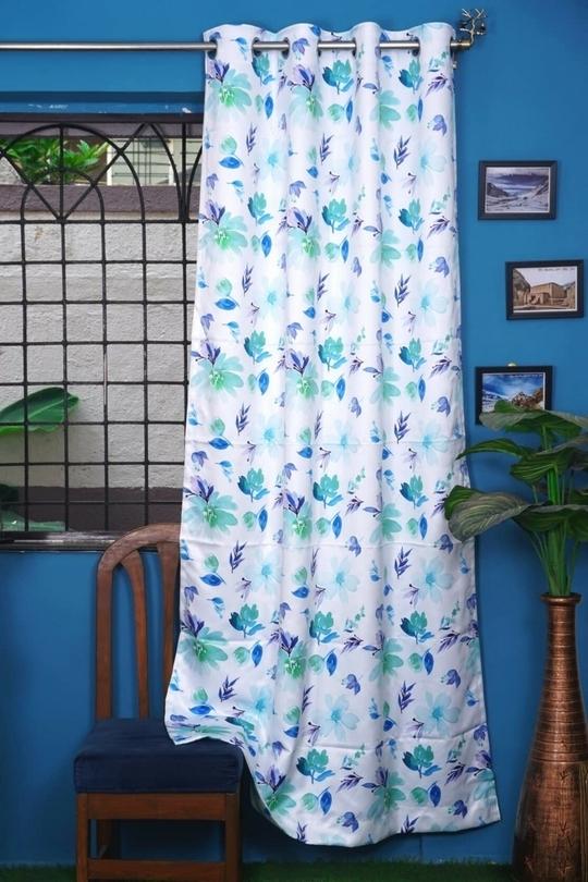 Parda Online Blue, White Polyester Printed Eyelet Floral Window and Door Long Curtain 9ft, (Pack of 2)
