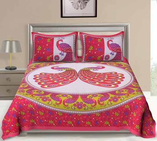 UniqChoice PinkColor 100% Cotton Double Jaipuri Traditional Double Bedsheet With 2 Pillow Cover(2_Pink_89)