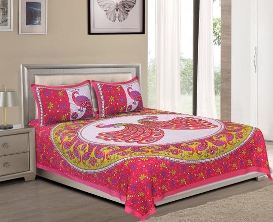 UniqChoice PinkColor 100% Cotton Double Jaipuri Traditional Double Bedsheet With 2 Pillow Cover(2_Pink_89)