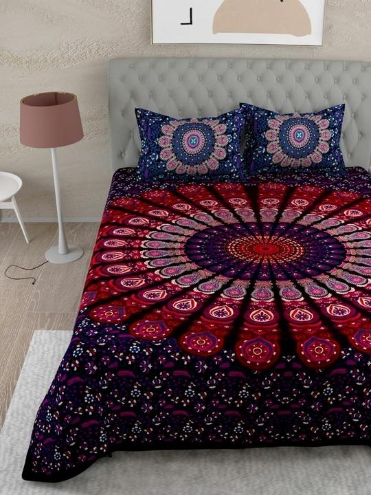 UniqChoice Purple Color 100% Cotton Badmeri Printed King Size Bedsheet With 2 Pillow Cover(D-1007NPurple)