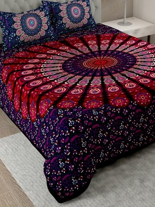 UniqChoice Purple Color 100% Cotton Badmeri Printed King Size Bedsheet With 2 Pillow Cover(D-1007NPurple)