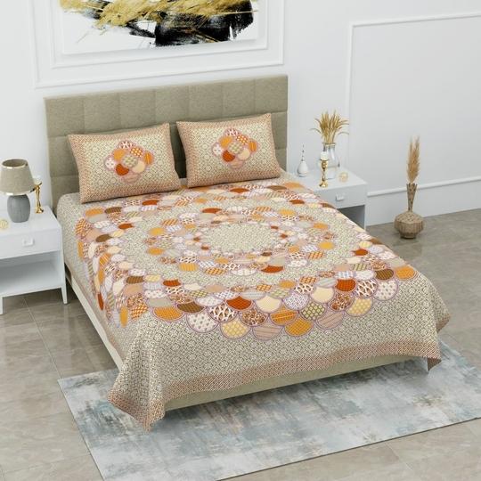 UniqChoice 100% Cotton Beige Color Printed Traditional Double Bedsheet With 2 Pillow Cover(229_Beige_89)