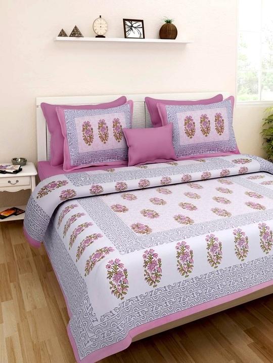 UniqChoice Pink Color 100% Cotton Jaipuri Traditonal Double BedSheet With 2 Pillow Cover(buta)