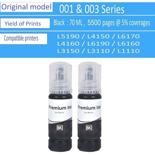 RC Print INK FOR EPSON 001/003 L3110 , L3100 , L3101 , L3115 , L3116 , L3150 , L3151 , L3152 , L3156 , L4150 , L4160 , L6160 , L6170 , L6190 Black - Twin Pack Ink Bottle