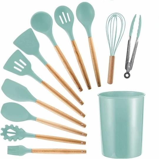 Wolblix 12Pcs Silicone Cooking Kitchen Utensils Set with Holder,Wooden Handles Cooking Tool,BPA Free,Non Toxic Turner Tongs Spatula Spoon Kitchen Gadgets Set for Nonstick Cookware (Green)