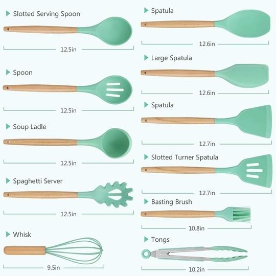 Wolblix 12Pcs Silicone Cooking Kitchen Utensils Set with Holder,Wooden Handles Cooking Tool,BPA Free,Non Toxic Turner Tongs Spatula Spoon Kitchen Gadgets Set for Nonstick Cookware (Green)
