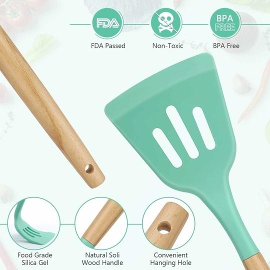 Wolblix 12Pcs Silicone Cooking Kitchen Utensils Set with Holder,Wooden Handles Cooking Tool,BPA Free,Non Toxic Turner Tongs Spatula Spoon Kitchen Gadgets Set for Nonstick Cookware (Green)