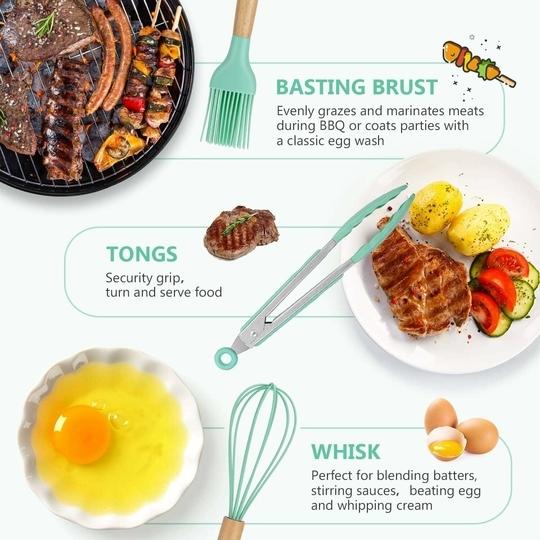 Wolblix 12Pcs Silicone Cooking Kitchen Utensils Set with Holder,Wooden Handles Cooking Tool,BPA Free,Non Toxic Turner Tongs Spatula Spoon Kitchen Gadgets Set for Nonstick Cookware (Green)