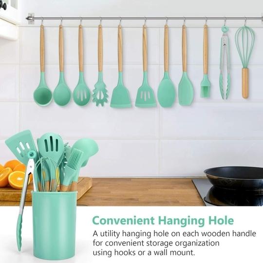 Wolblix 12Pcs Silicone Cooking Kitchen Utensils Set with Holder,Wooden Handles Cooking Tool,BPA Free,Non Toxic Turner Tongs Spatula Spoon Kitchen Gadgets Set for Nonstick Cookware (Green)