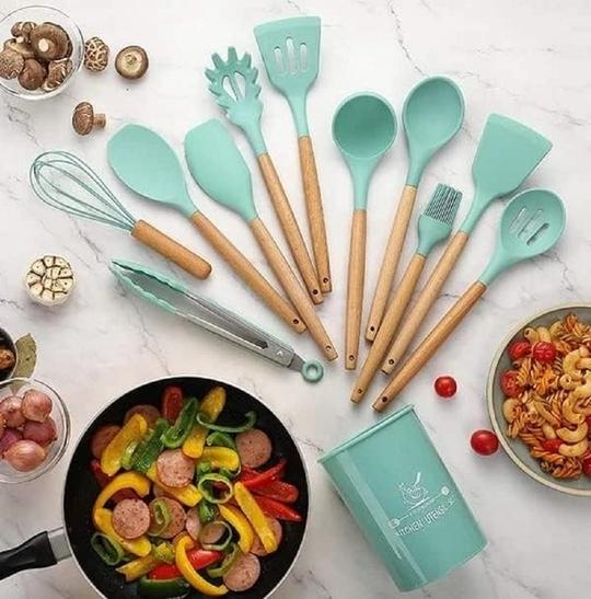 Wolblix 12Pcs Silicone Cooking Kitchen Utensils Set with Holder,Wooden Handles Cooking Tool,BPA Free,Non Toxic Turner Tongs Spatula Spoon Kitchen Gadgets Set for Nonstick Cookware (Green)