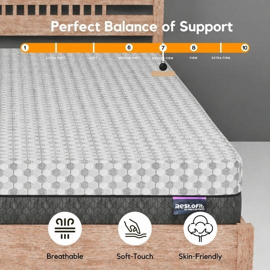 RESTOFIT Premium 3-Layer Orthopedic Mattress | 75x72x6 Inches King Size Mattress 6" Thickness | NextGen Cool-Tech Memory Foam Mattress | Viscose Cotton Zipper Cover 11 Years Warranty Vacuum Packaging